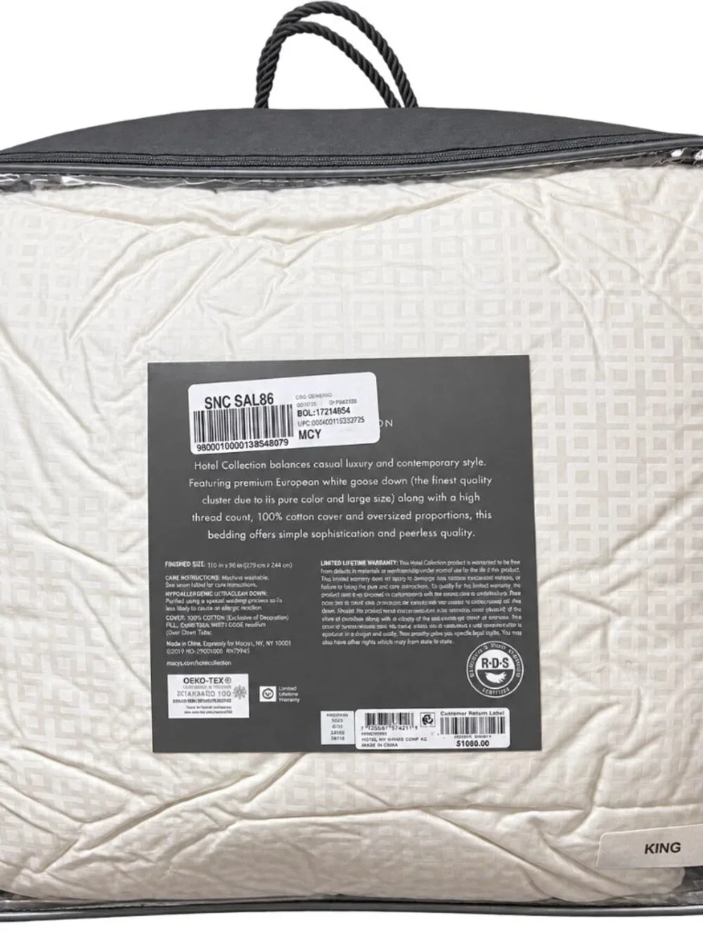 Hotel Collection White Goose Down Comforter King Heavyweight 700Fill Power $1300